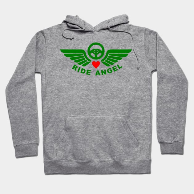 Ride Angel, graphic t-shirt with steering wheel and angel wings for volunteers drivers for helping people in need. Hoodie by Cat In Orbit ®